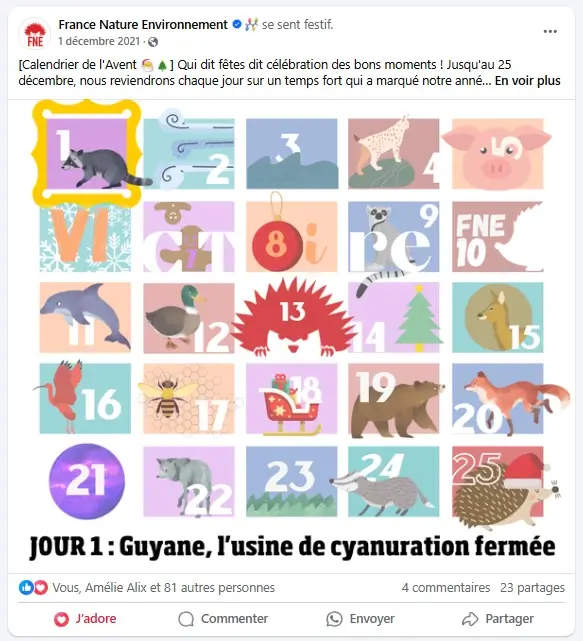 Post Facebook pour le calendrier de l'avent Noël 2022 pour France Nature Environnement
