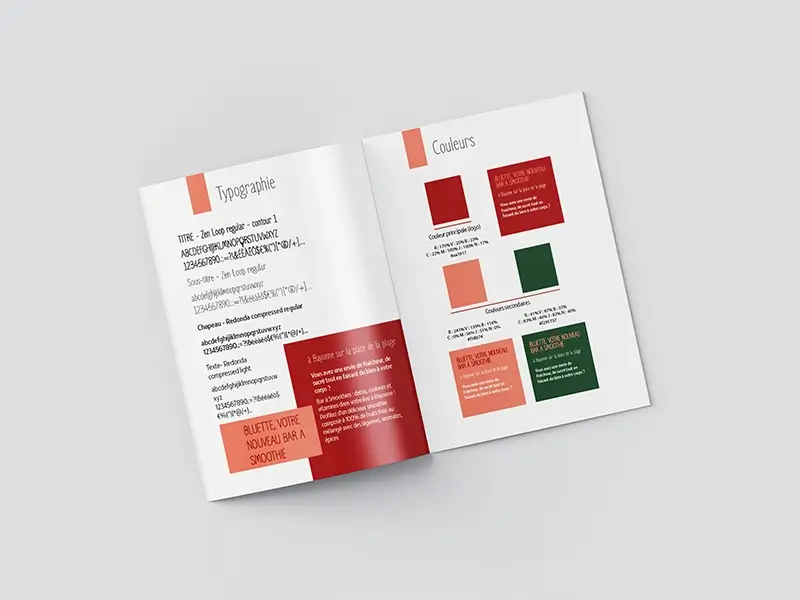 Charte graphique Bluette avec la palette de couleurs et les typographies